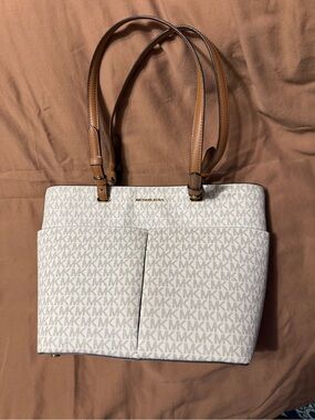 Michael Kors White Signature Logo Tote with Tan Leather Straps